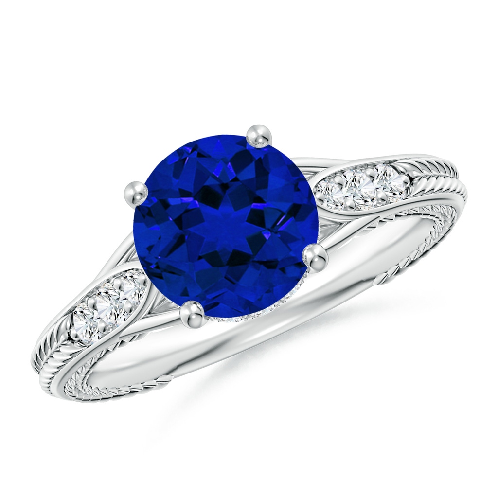 8mm Labgrown Vintage Inspired Round Lab-Grown Blue Sapphire Hidden Halo Engagement Ring in White Gold 