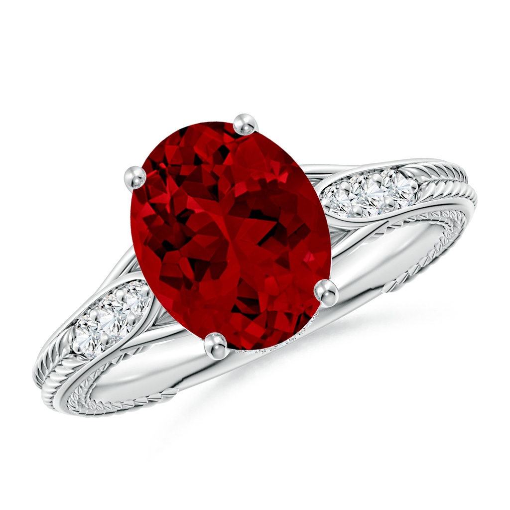 10x8mm Labgrown Vintage Inspired Oval Lab-Grown Ruby Hidden Halo Engagement Ring in White Gold