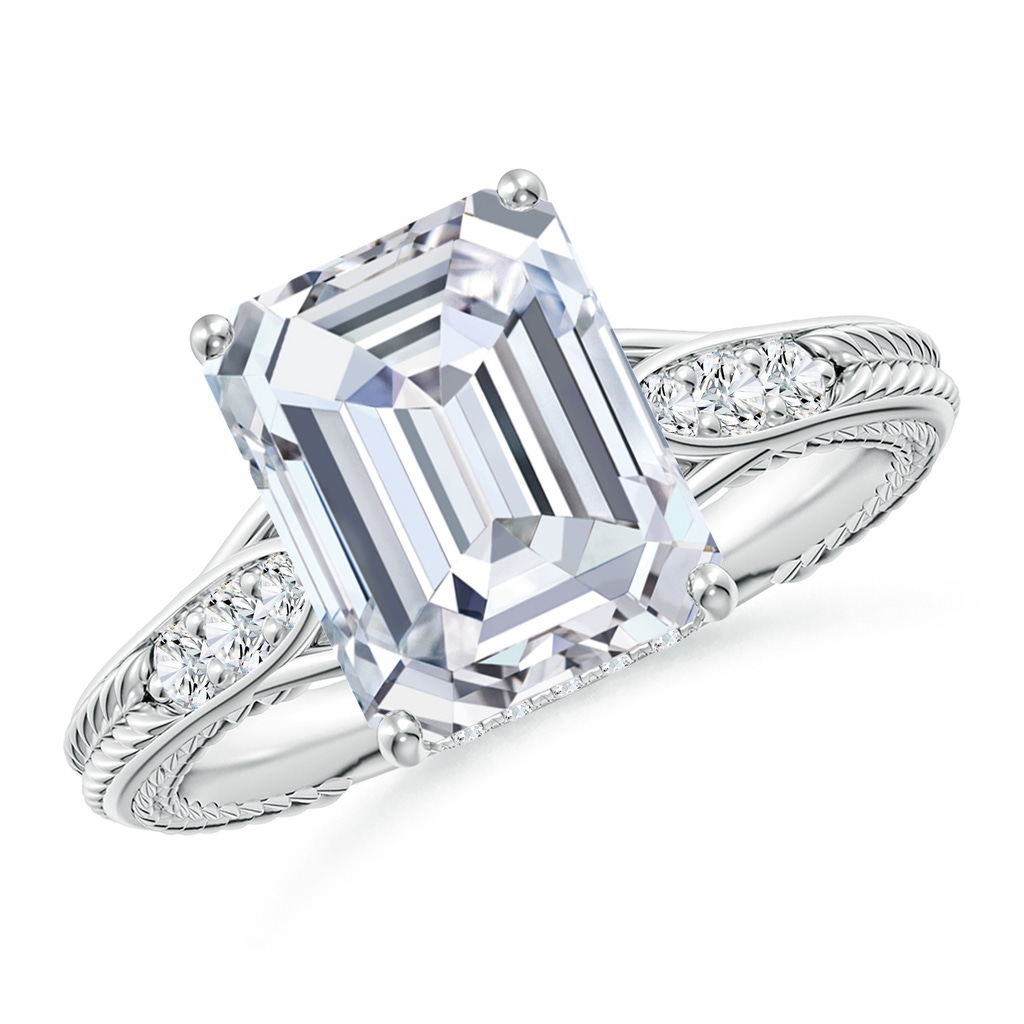 10x7mm FGVS Vintage Inspired Emerald-Cut Lab-Grown Diamond Hidden Halo Engagement Ring in White Gold