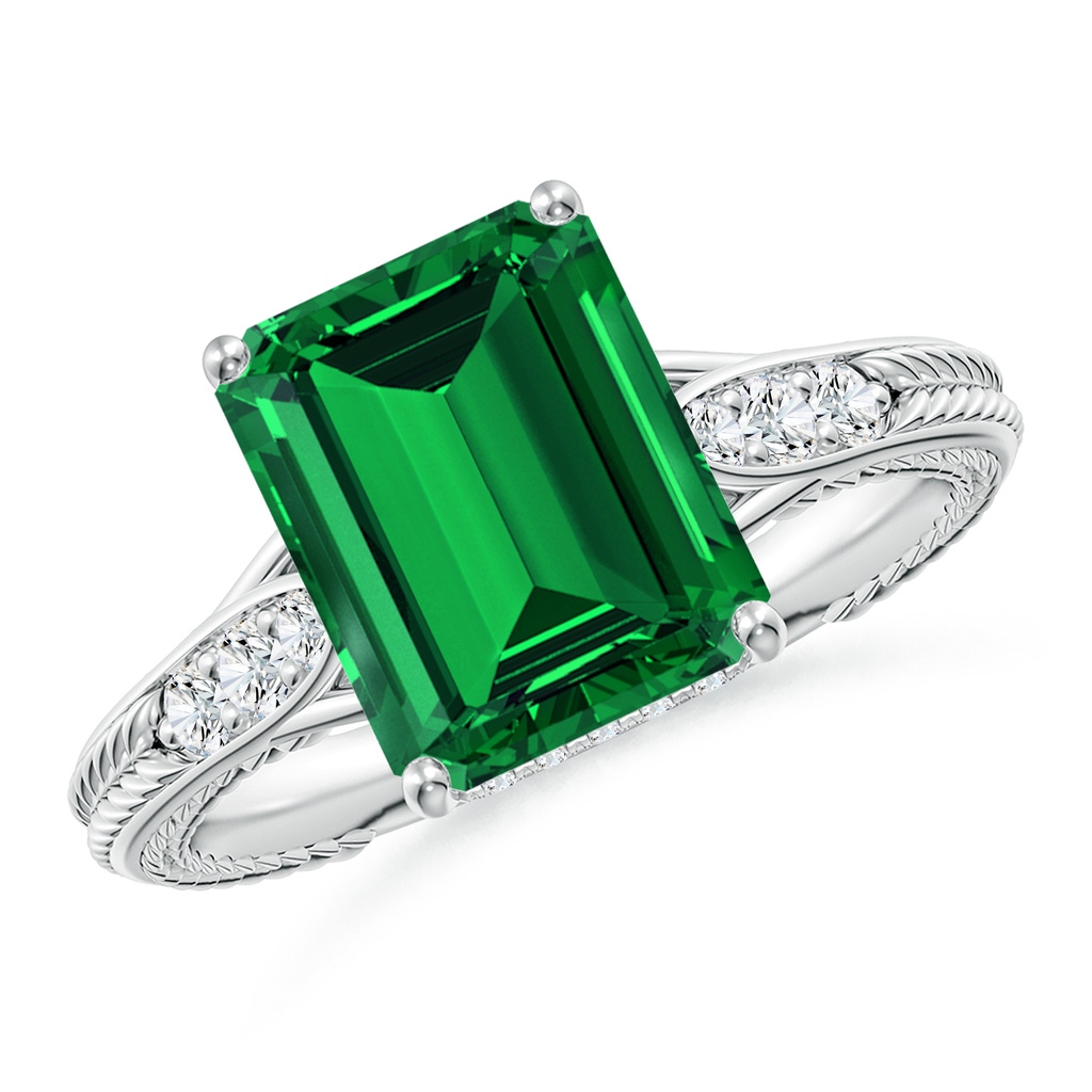 10x8mm Labgrown Vintage Inspired Emerald-Cut Lab-Grown Emerald Hidden Halo Engagement Ring in White Gold 