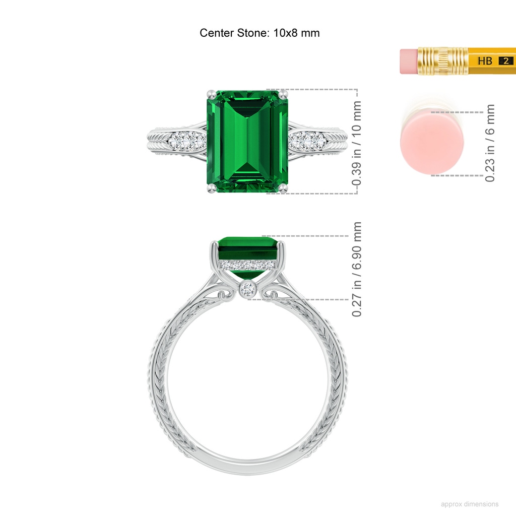 10x8mm Labgrown Vintage Inspired Emerald-Cut Lab-Grown Emerald Hidden Halo Engagement Ring in White Gold ruler
