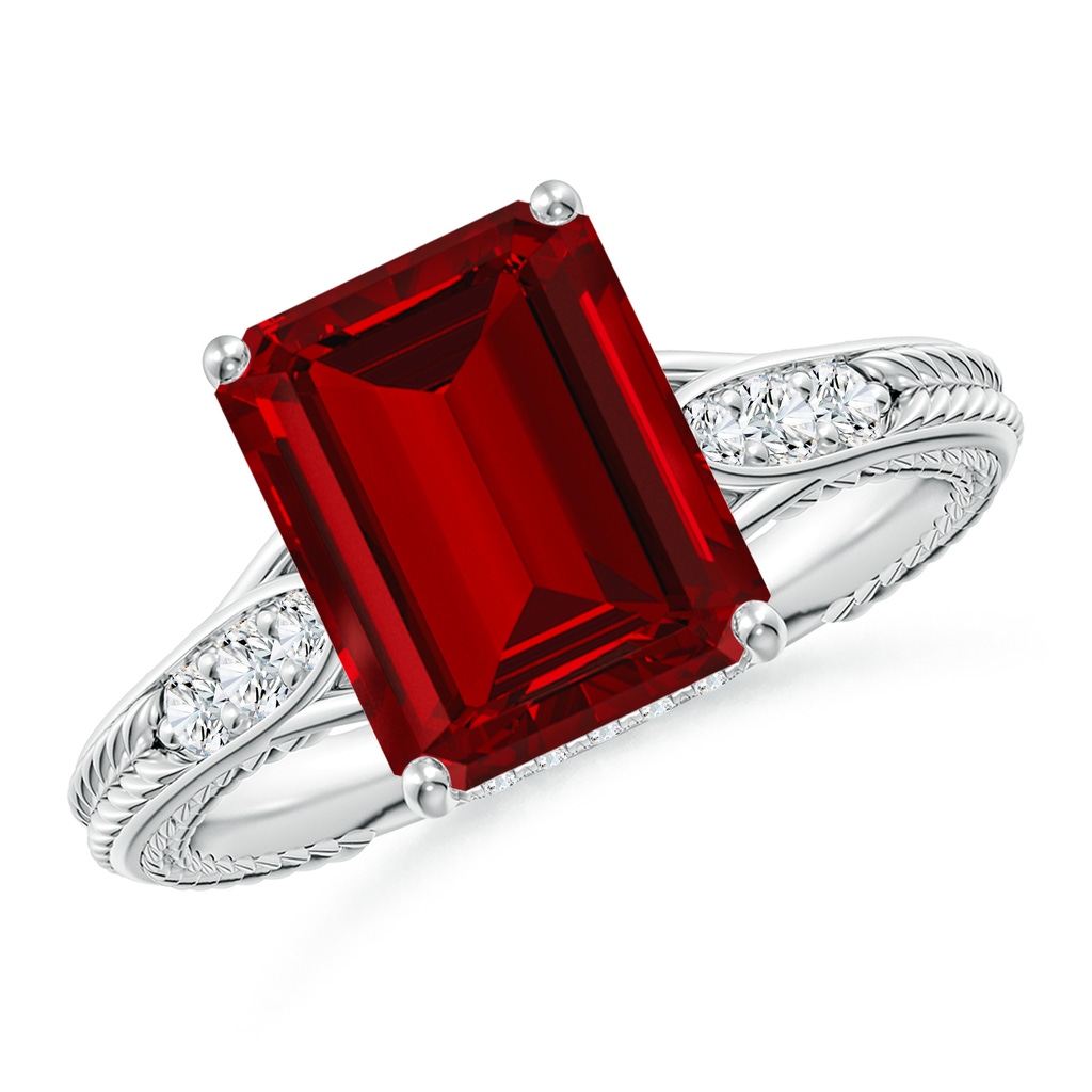 10x8mm Labgrown Vintage Inspired Emerald-Cut Lab-Grown Ruby Hidden Halo Engagement Ring in White Gold