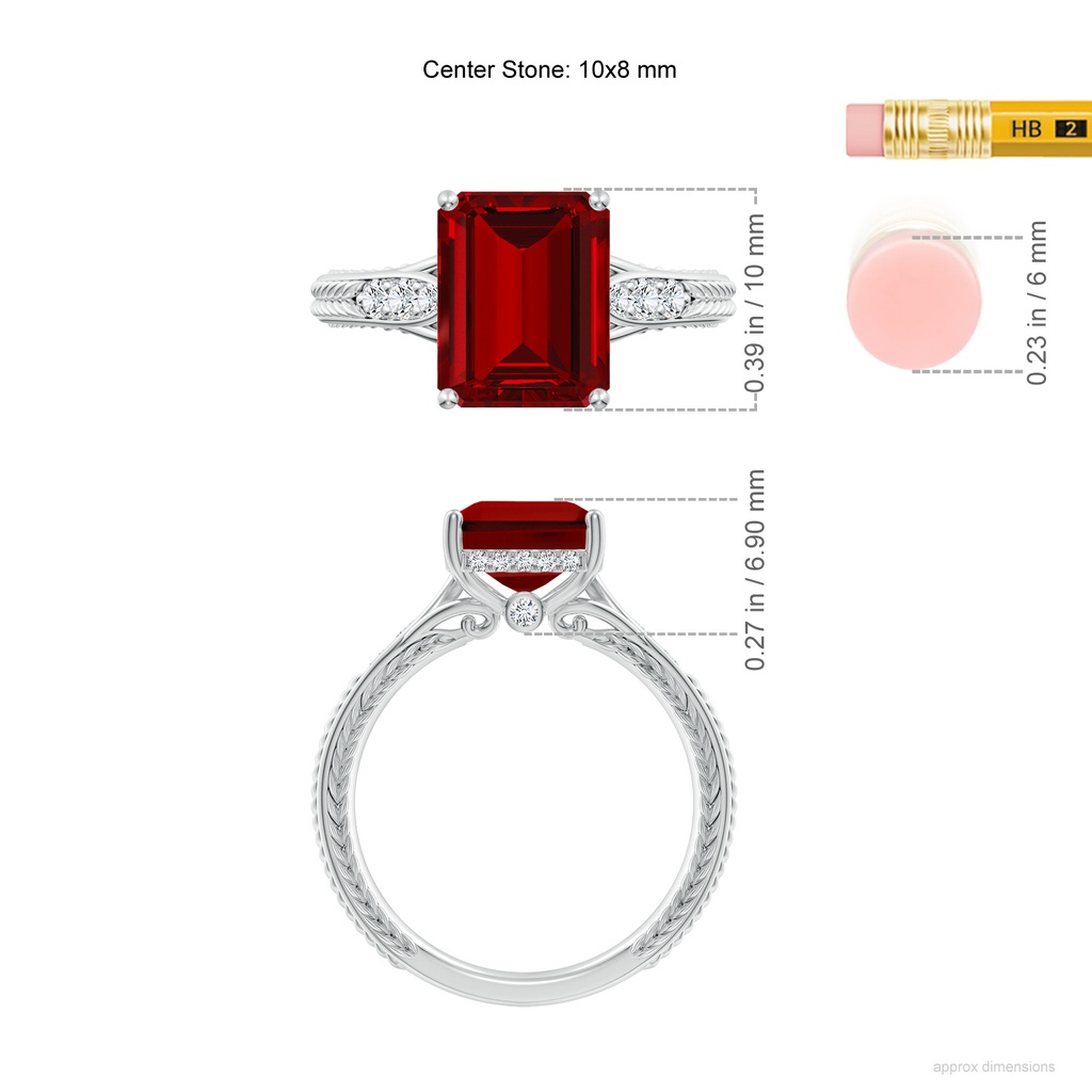 10x8mm Labgrown Vintage Inspired Emerald-Cut Lab-Grown Ruby Hidden Halo Engagement Ring in White Gold ruler