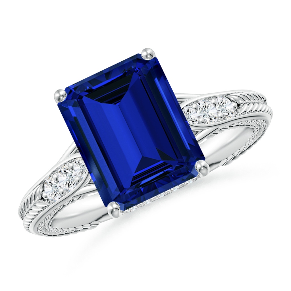 10x8mm Labgrown Vintage Inspired Emerald-Cut Lab-Grown Blue Sapphire Hidden Halo Engagement Ring in White Gold 