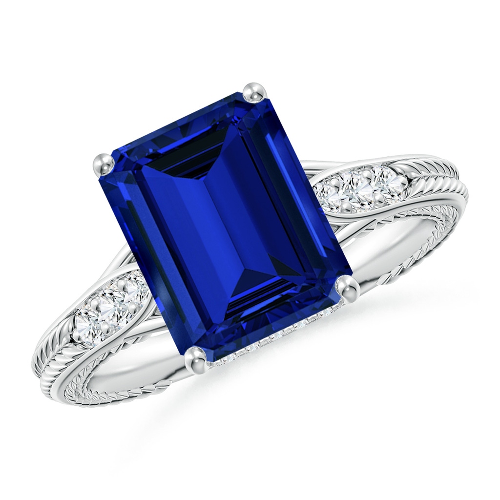 10x8mm Labgrown Vintage Inspired Emerald-Cut Lab-Grown Blue Sapphire Hidden Halo Engagement Ring in White Gold