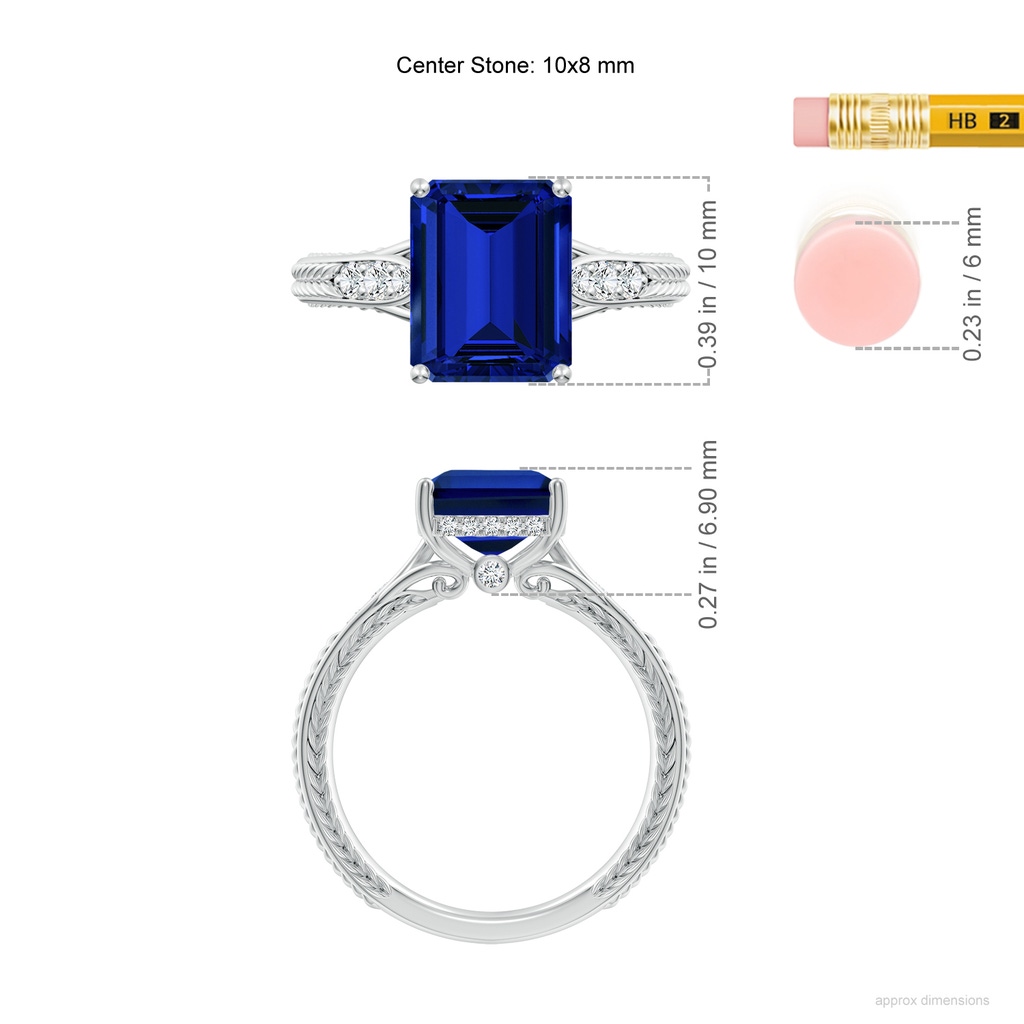 10x8mm Labgrown Vintage Inspired Emerald-Cut Lab-Grown Blue Sapphire Hidden Halo Engagement Ring in White Gold ruler