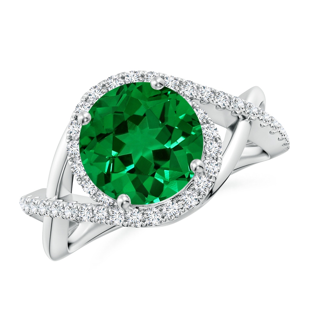 9mm Labgrown Round Lab-Grown Emerald Criss Cross Shank Engagement Ring with Accents in White Gold