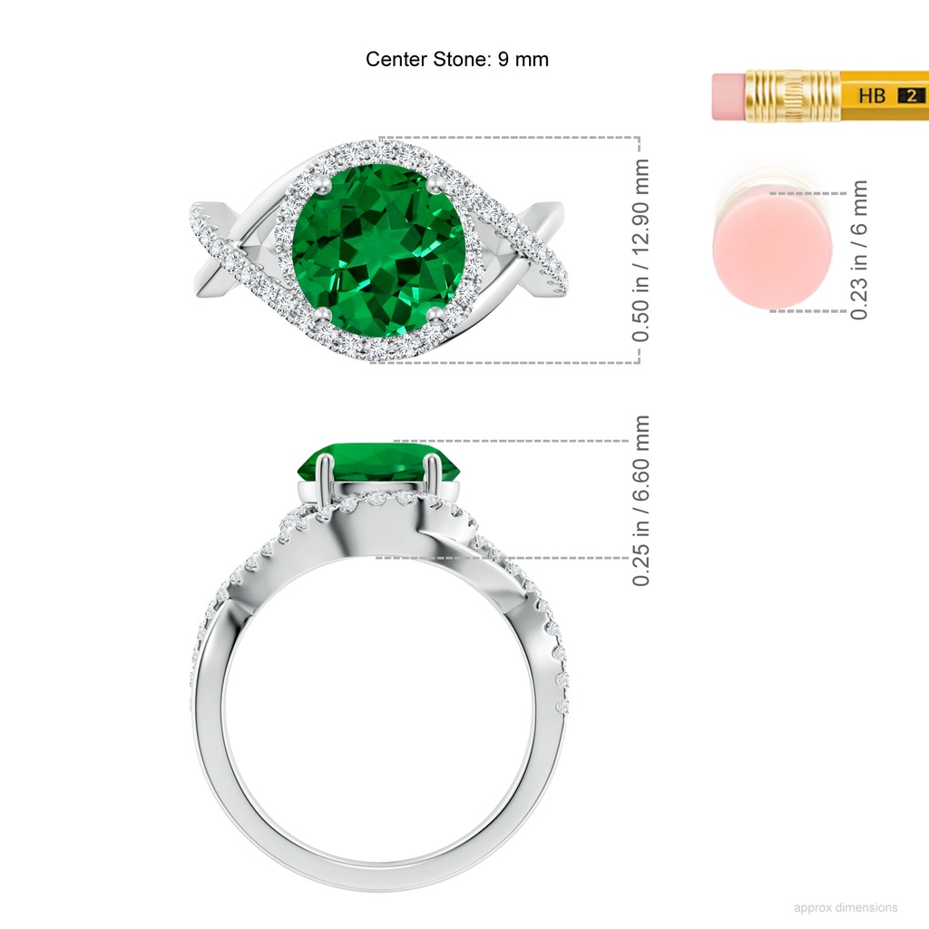 9mm Labgrown Round Lab-Grown Emerald Criss Cross Shank Engagement Ring with Accents in White Gold ruler