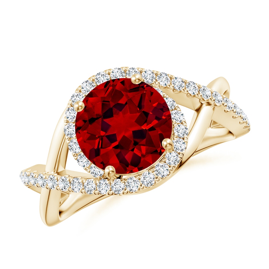 8mm Labgrown Round Lab-Grown Ruby Criss Cross Shank Engagement Ring with Accents in Yellow Gold 