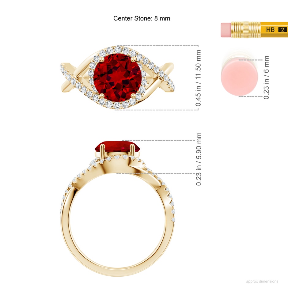 8mm Labgrown Round Lab-Grown Ruby Criss Cross Shank Engagement Ring with Accents in Yellow Gold ruler