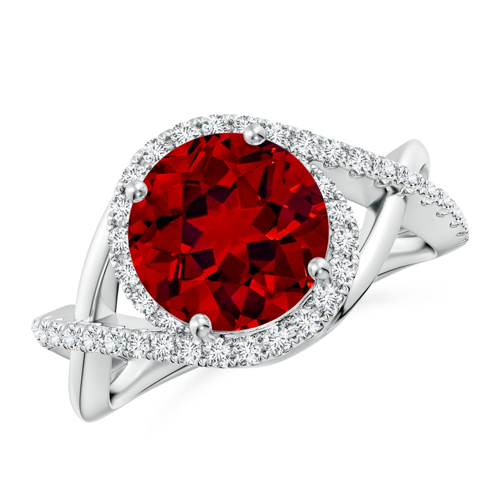 9mm Labgrown Round Lab-Grown Ruby Criss Cross Shank Engagement Ring with Accents in White Gold