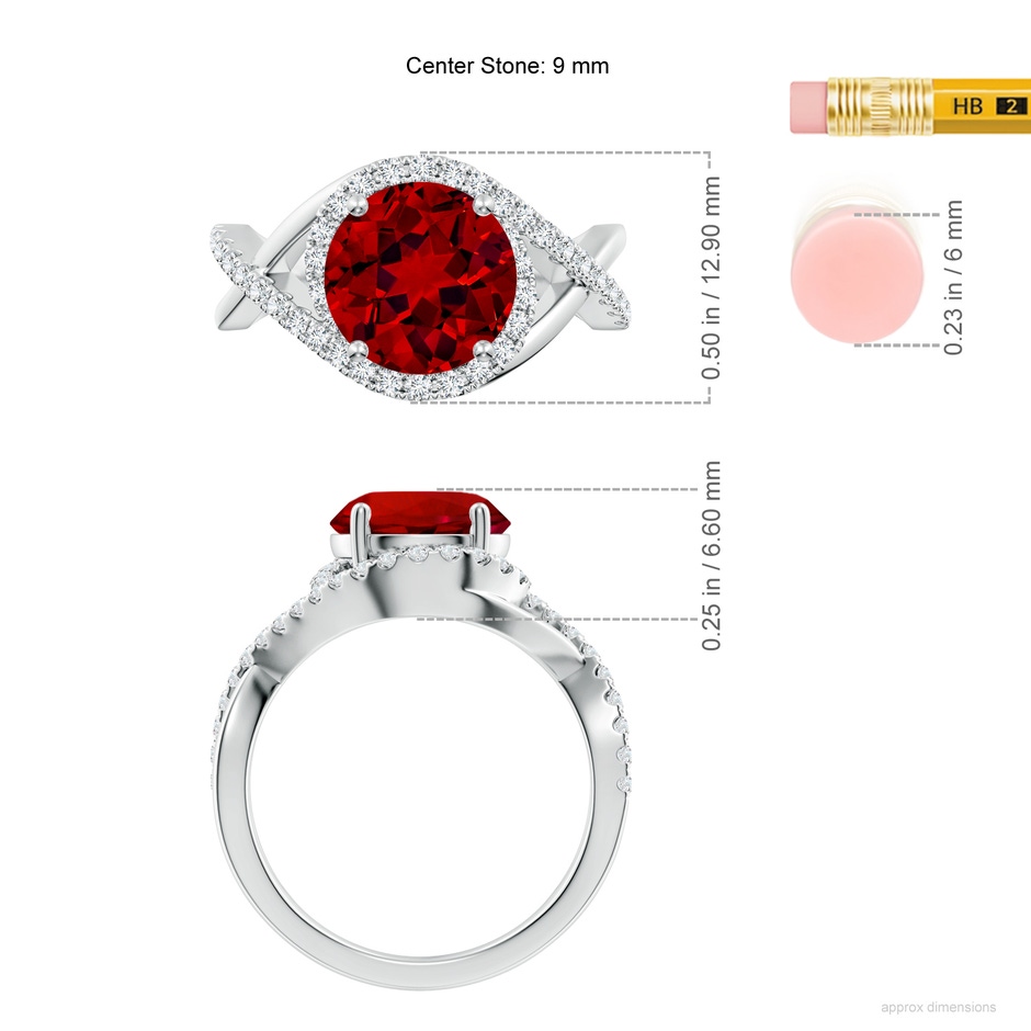 9mm Labgrown Round Lab-Grown Ruby Criss Cross Shank Engagement Ring with Accents in White Gold ruler