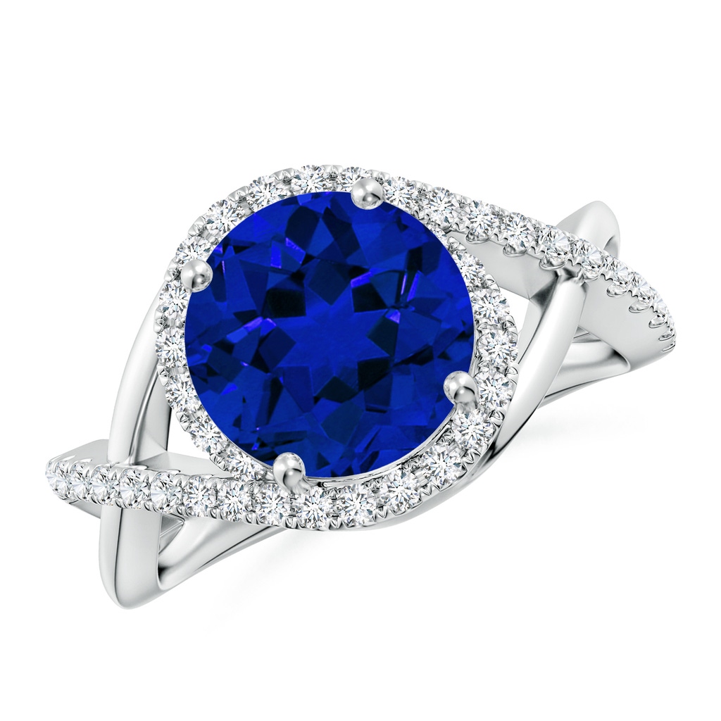 9mm Labgrown Round Lab-Grown Blue Sapphire Criss Cross Shank Engagement Ring with Accents in White Gold