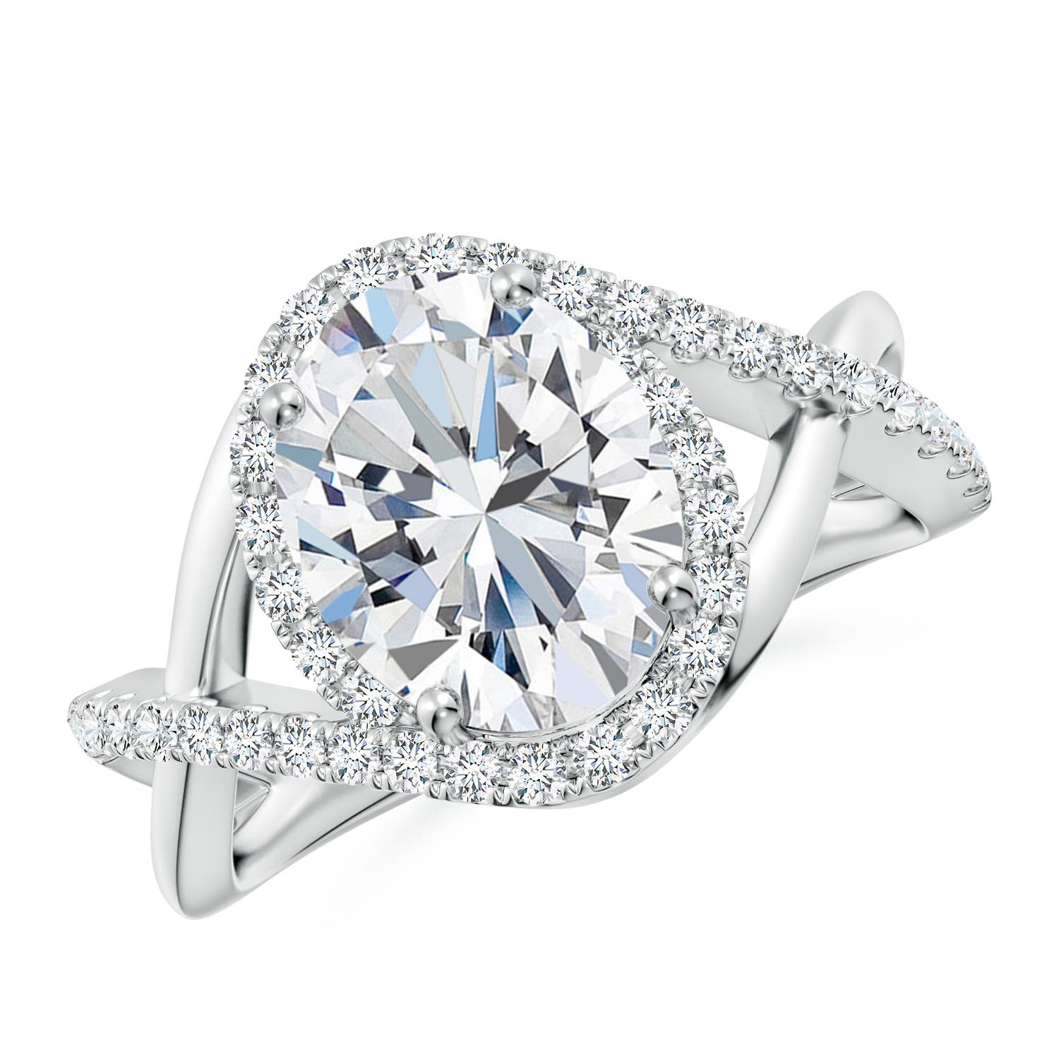 10x8mm FGVS Oval Lab-Grown Diamond Criss Cross Shank Engagement Ring with Accents in 18K White Gold