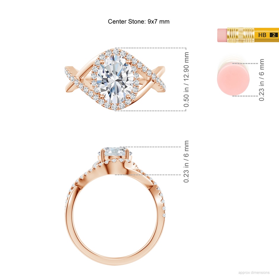 9x7mm FGVS Oval Lab-Grown Diamond Criss Cross Shank Engagement Ring with Accents in Rose Gold ruler