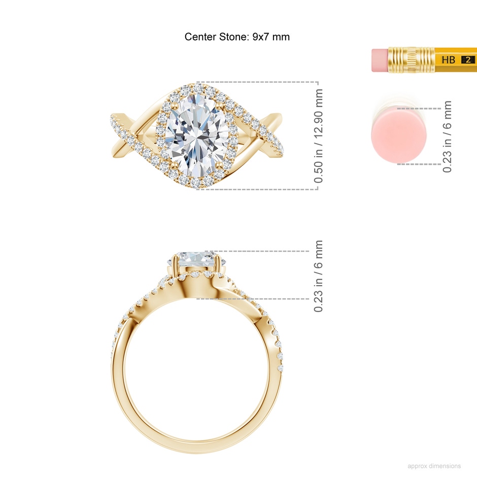 9x7mm FGVS Oval Lab-Grown Diamond Criss Cross Shank Engagement Ring with Accents in Yellow Gold ruler