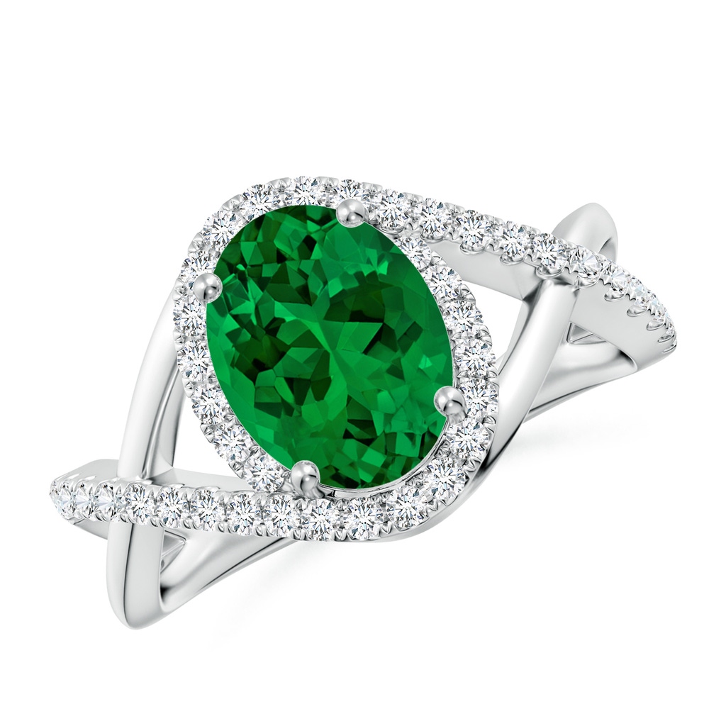 9x7mm Labgrown Oval Lab-Grown Emerald Criss Cross Shank Engagement Ring with Accents in White Gold