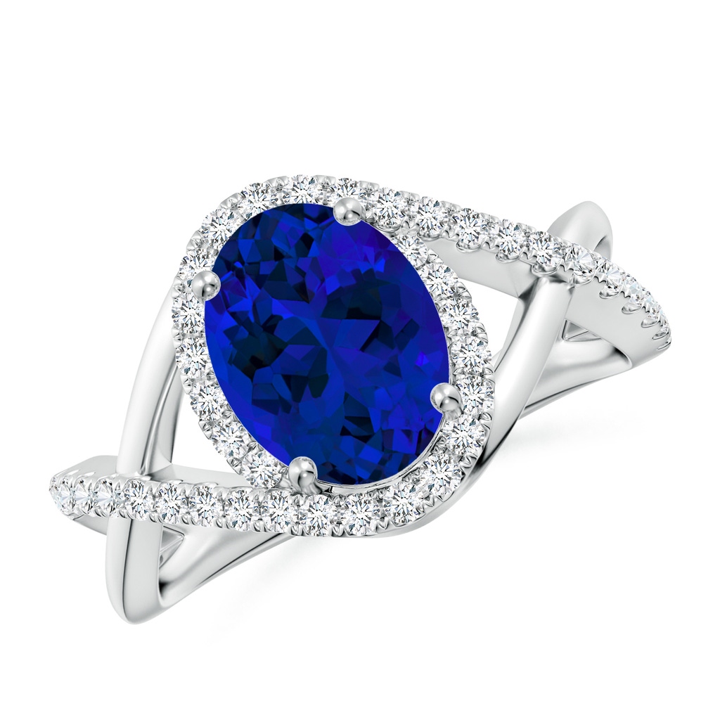 9x7mm Labgrown Oval Lab-Grown Blue Sapphire Criss Cross Shank Engagement Ring with Accents in White Gold 