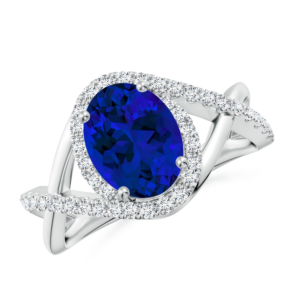 9x7mm Labgrown Oval Lab-Grown Blue Sapphire Criss Cross Shank Engagement Ring with Accents in White Gold