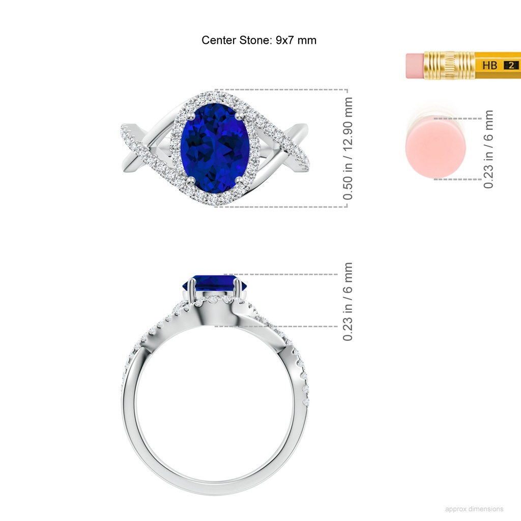 9x7mm Labgrown Oval Lab-Grown Blue Sapphire Criss Cross Shank Engagement Ring with Accents in White Gold ruler