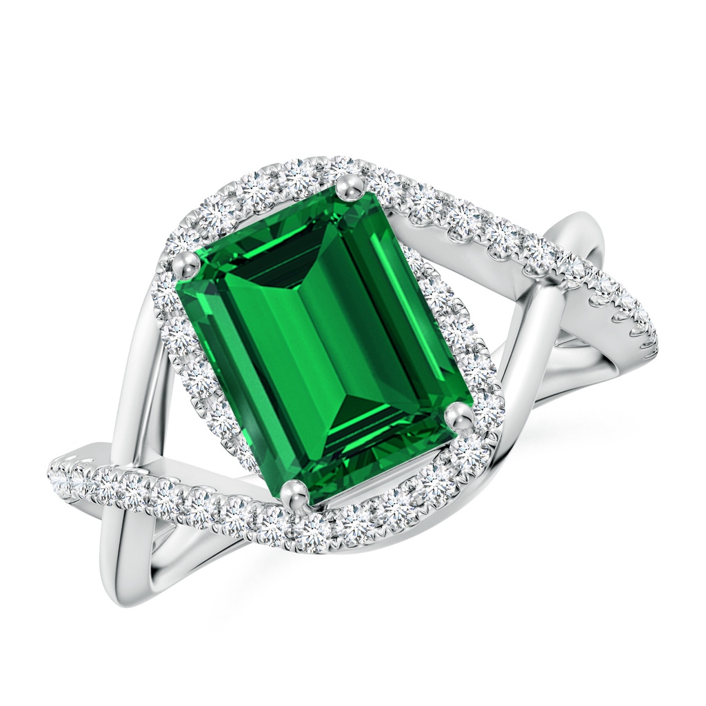 9x7mm Labgrown Emerald-Cut Lab-Grown Emerald Criss Cross Shank Engagement Ring with Accents in White Gold