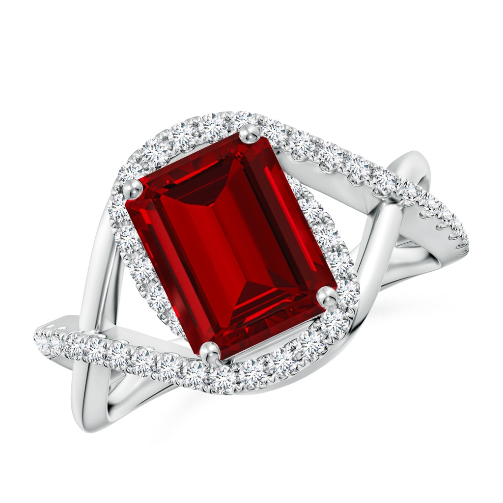 9x7mm Labgrown Emerald-Cut Lab-Grown Ruby Criss Cross Shank Engagement Ring with Accents in White Gold