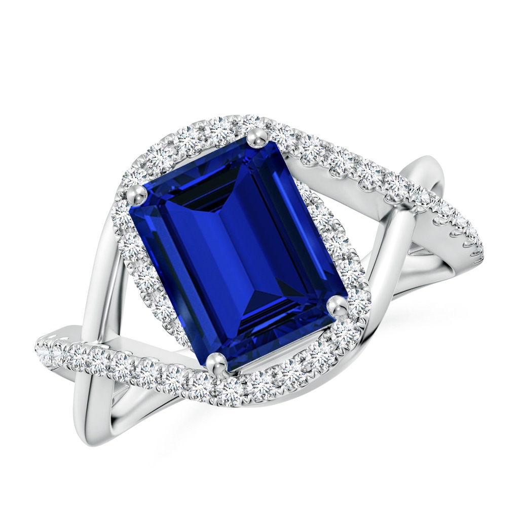 9x7mm Labgrown Emerald-Cut Lab-Grown Blue Sapphire Criss Cross Shank Engagement Ring with Accents in White Gold