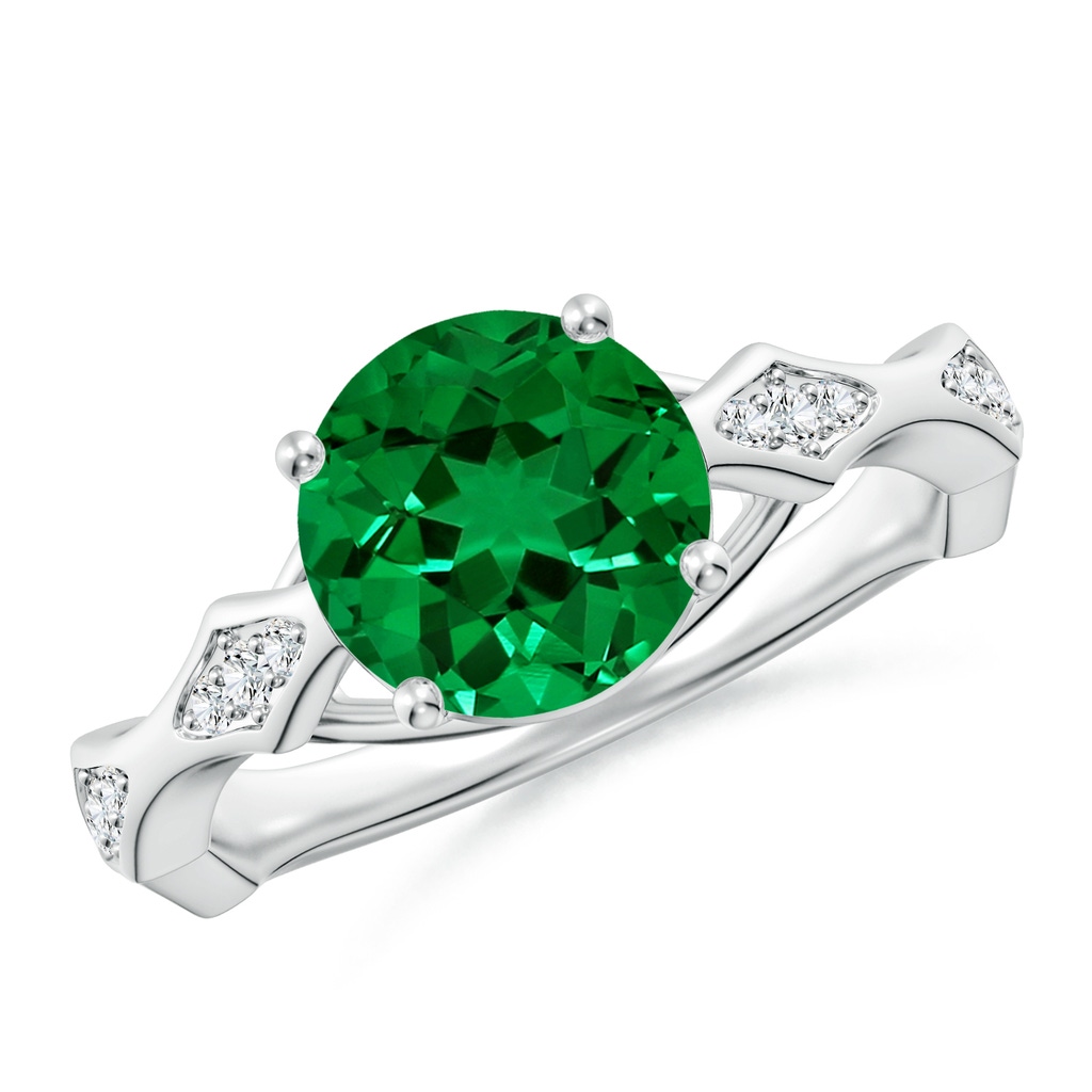 8mm Labgrown Round Lab-Grown Emerald Wavy Shank Engagement Ring with Accents in White Gold