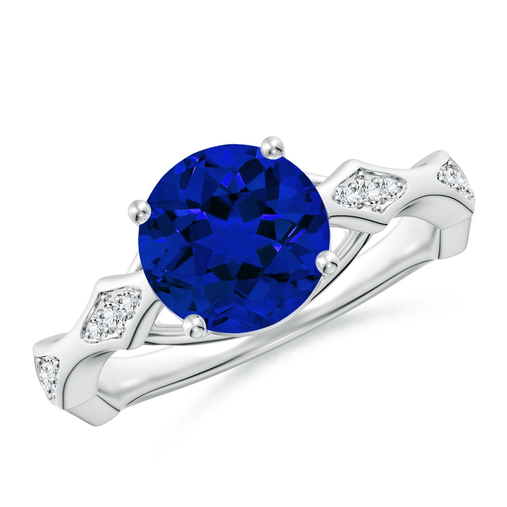 8mm Labgrown Round Lab-Grown Blue Sapphire Wavy Shank Engagement Ring with Accents in White Gold