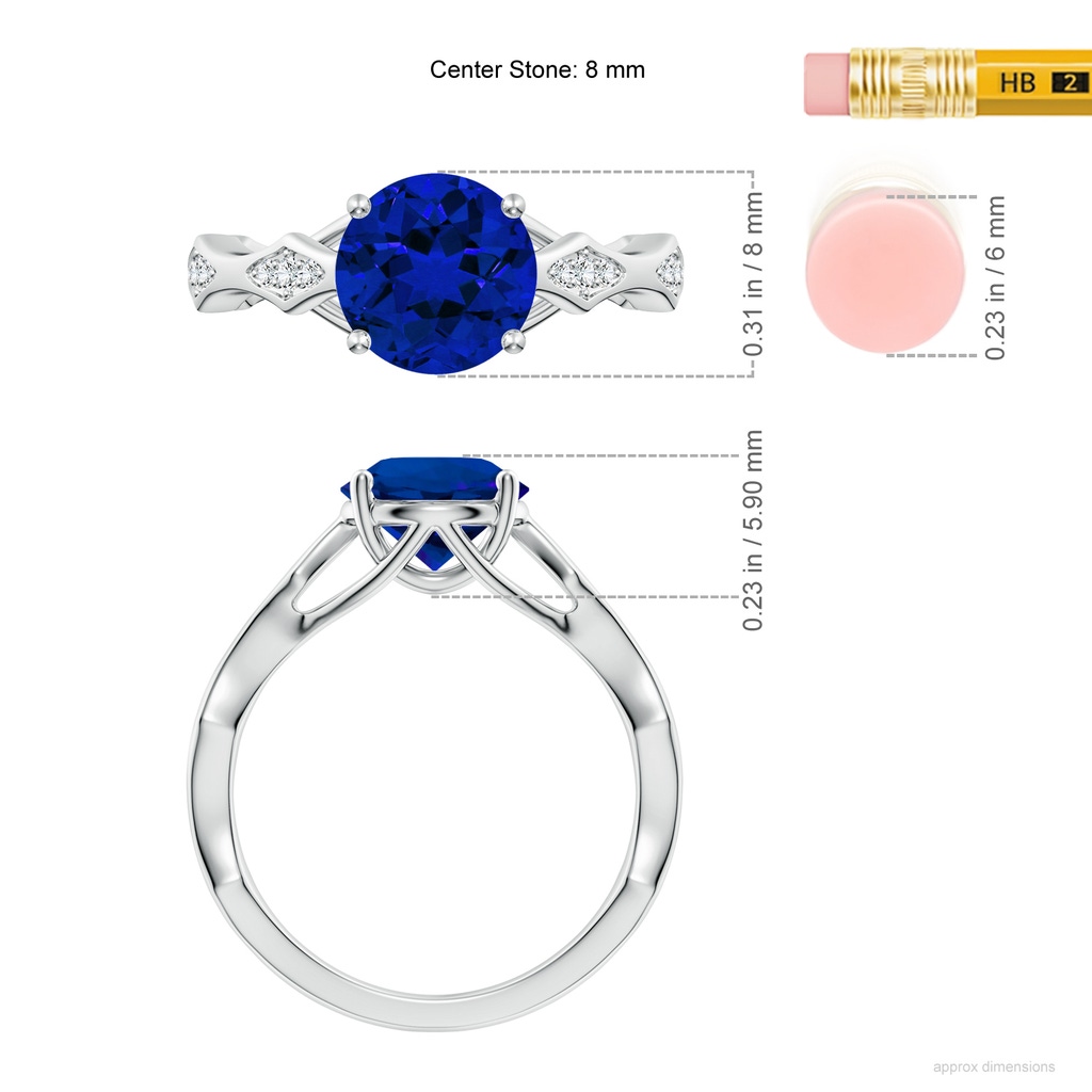 8mm Labgrown Round Lab-Grown Blue Sapphire Wavy Shank Engagement Ring with Accents in White Gold ruler
