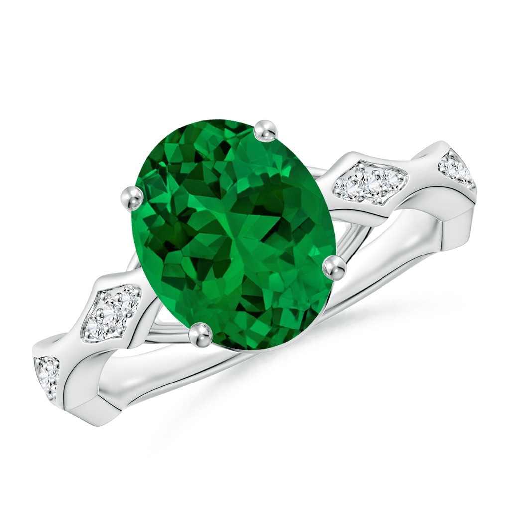 10x8mm Labgrown Oval Lab-Grown Emerald Wavy Shank Engagement Ring with Accents in White Gold