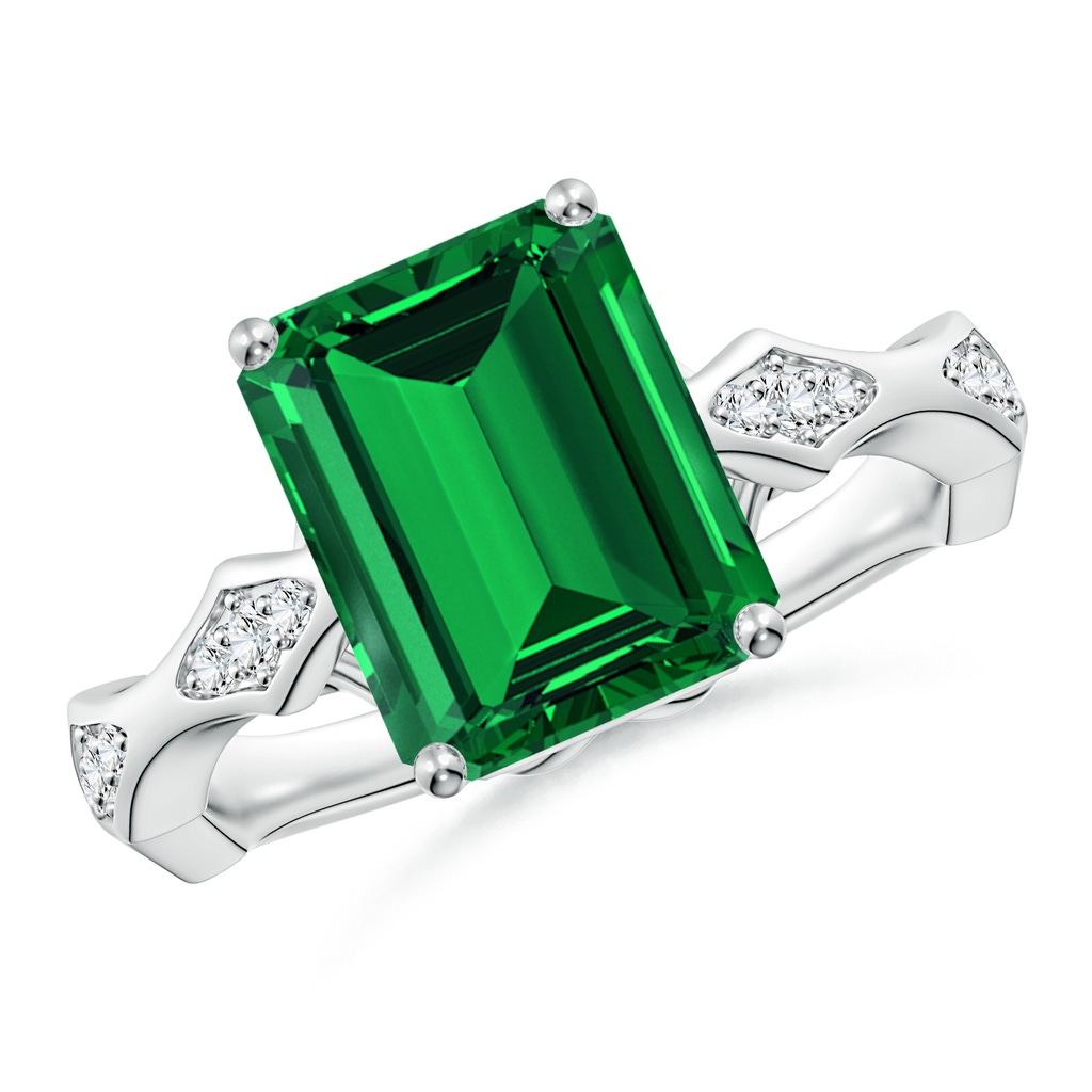 10x8mm Labgrown Emerald-Cut Lab-Grown Emerald Wavy Shank Engagement Ring with Accents in White Gold