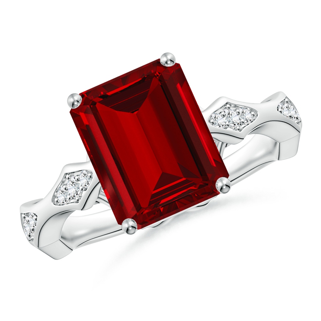 10x8mm Labgrown Emerald-Cut Lab-Grown Ruby Wavy Shank Engagement Ring with Accents in White Gold