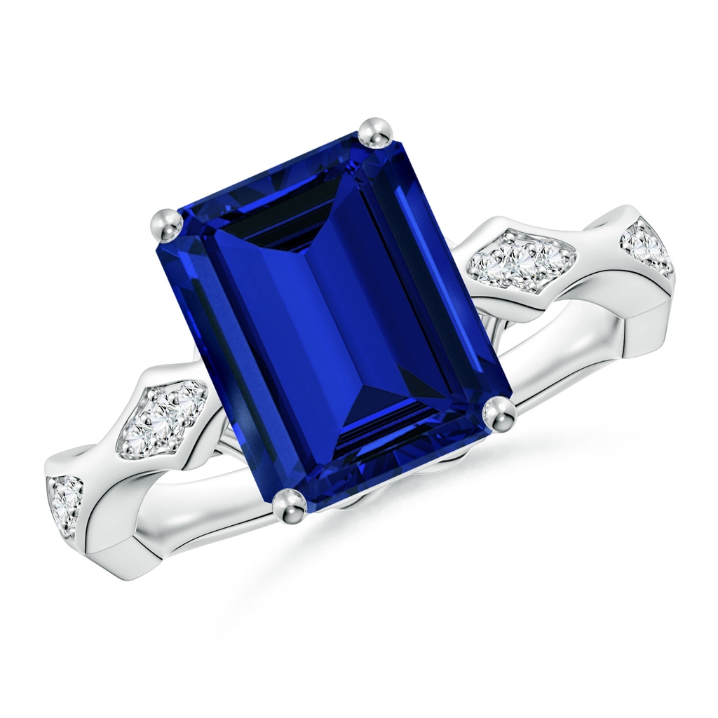 10x8mm Labgrown Emerald-Cut Lab-Grown Blue Sapphire Wavy Shank Engagement Ring with Accents in White Gold
