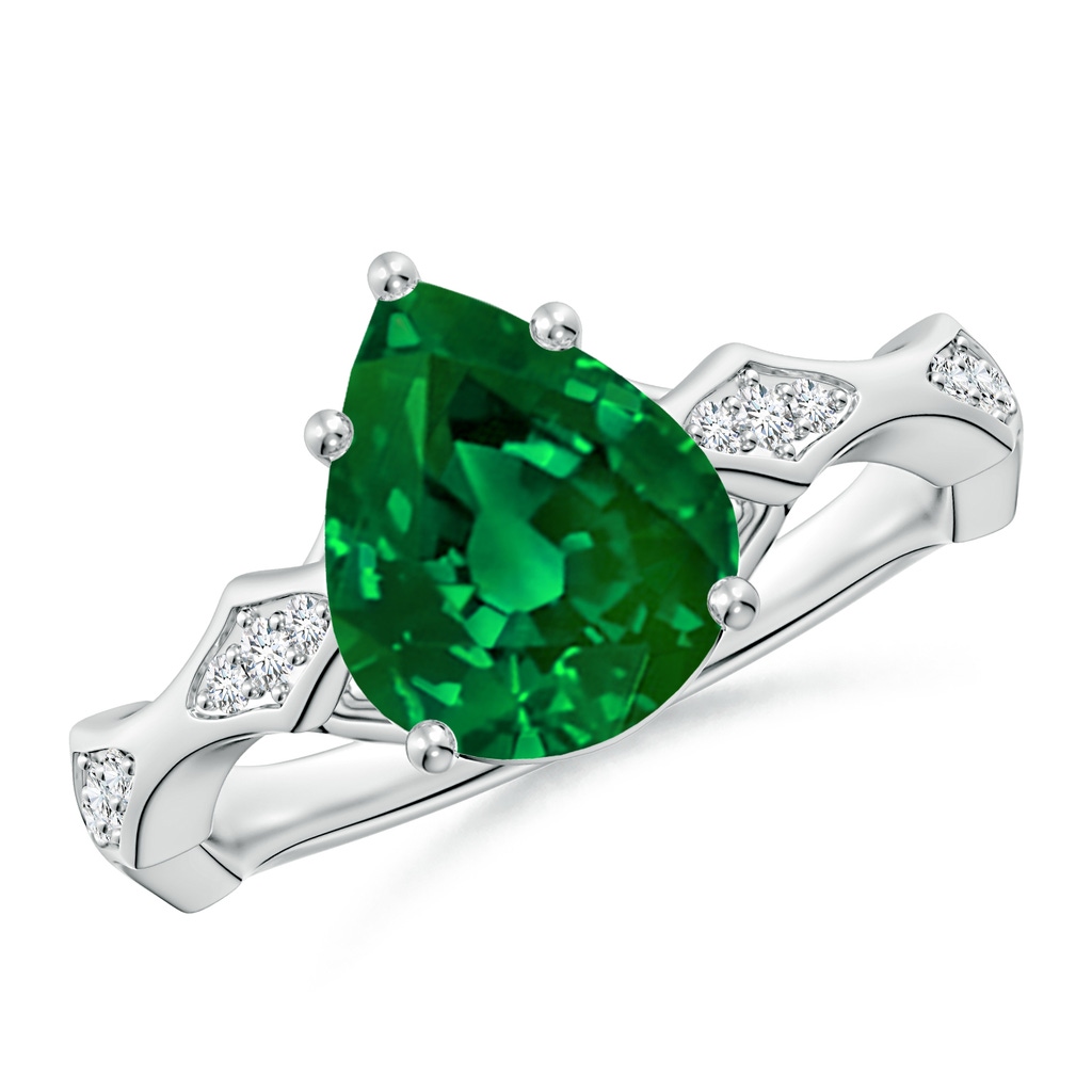 10x8mm Labgrown Inverted Pear Lab-Grown Emerald Wavy Shank Engagement Ring with Accents in White Gold