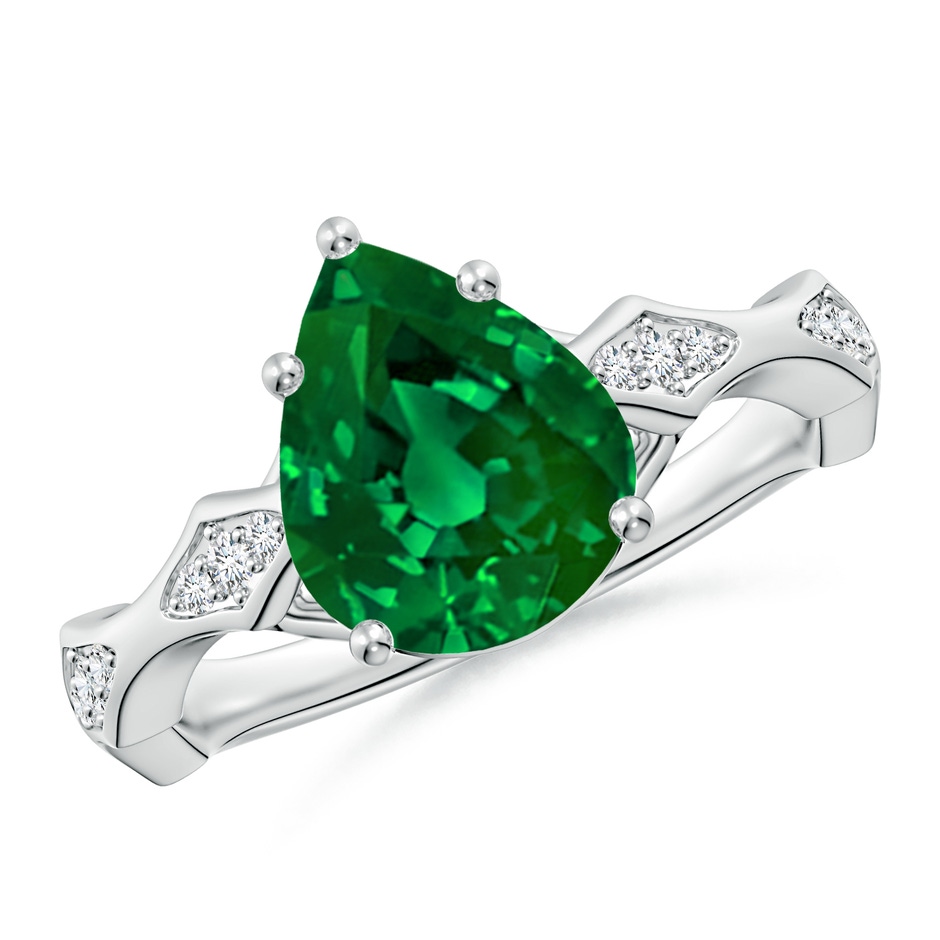 10x8mm Labgrown Inverted Pear Lab-Grown Emerald Wavy Shank Engagement Ring with Accents in White Gold 