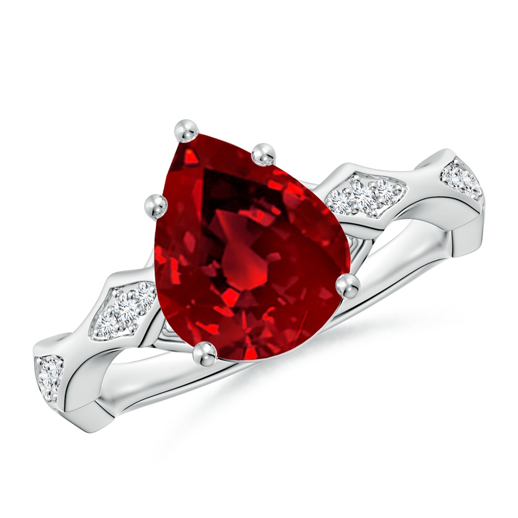 10x8mm Labgrown Inverted Pear Lab-Grown Ruby Wavy Shank Engagement Ring with Accents in White Gold