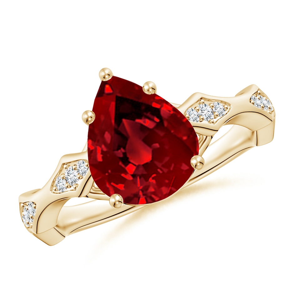 10x8mm Labgrown Inverted Pear Lab-Grown Ruby Wavy Shank Engagement Ring with Accents in Yellow Gold 