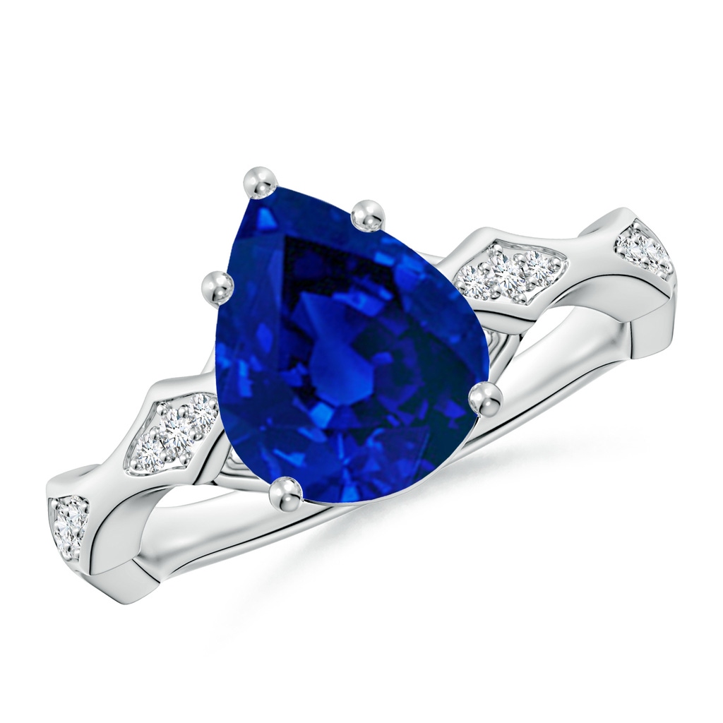 10x8mm Labgrown Inverted Pear Lab-Grown Blue Sapphire Wavy Shank Engagement Ring with Accents in White Gold