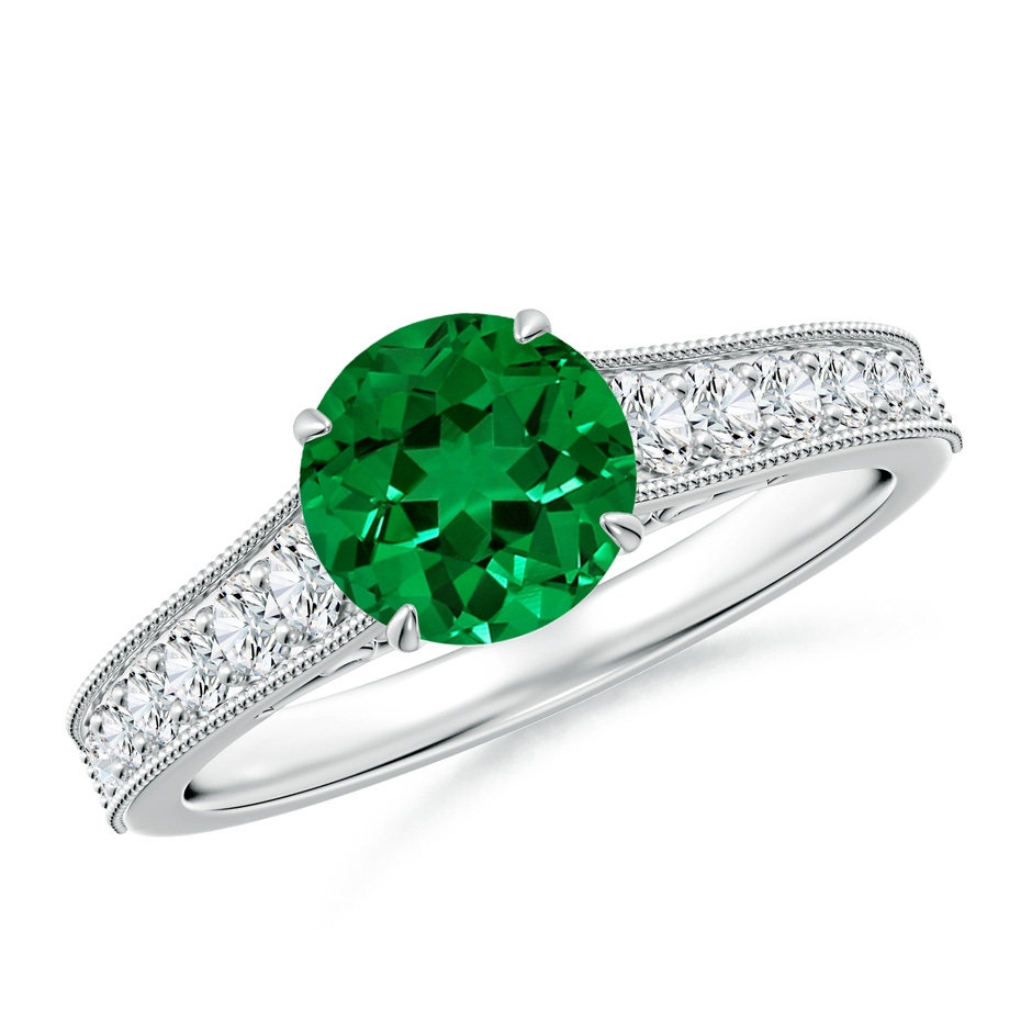 7mm Labgrown Vintage Inspired Round Lab-Grown Emerald Engagement Ring with Milgrain in White Gold 