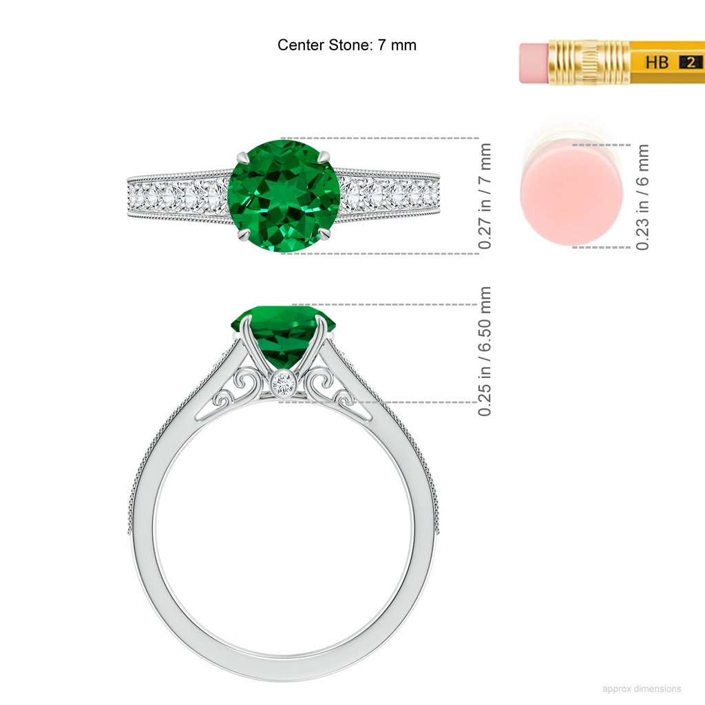 7mm Labgrown Vintage Inspired Round Lab-Grown Emerald Engagement Ring with Milgrain in White Gold ruler