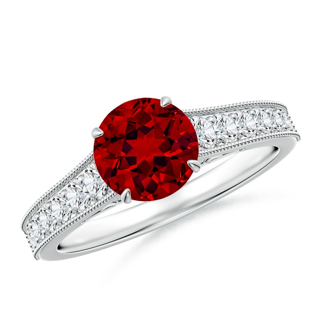 7mm Labgrown Vintage Inspired Round Lab-Grown Ruby Engagement Ring with Milgrain in White Gold