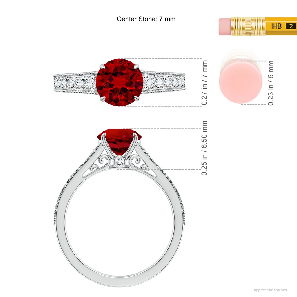 7mm Labgrown Vintage Inspired Round Lab-Grown Ruby Engagement Ring with Milgrain in White Gold ruler
