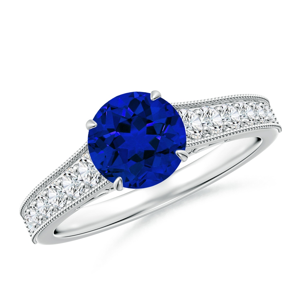 7mm Labgrown Vintage Inspired Round Lab-Grown Blue Sapphire Engagement Ring with Milgrain in White Gold 