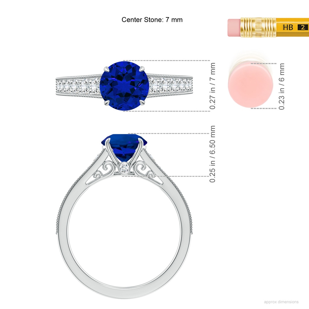 7mm Labgrown Vintage Inspired Round Lab-Grown Blue Sapphire Engagement Ring with Milgrain in White Gold ruler