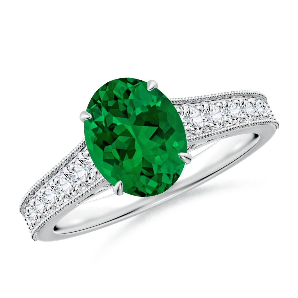 9x7mm Labgrown Vintage Inspired Oval Lab-Grown Emerald Engagement Ring with Milgrain in White Gold