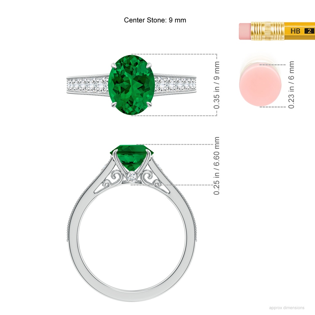 9x7mm Labgrown Vintage Inspired Oval Lab-Grown Emerald Engagement Ring with Milgrain in White Gold ruler