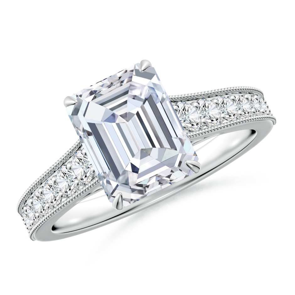 9x7mm FGVS Vintage Inspired Emerald-Cut Lab-Grown Diamond Engagement Ring with Milgrain in 18K White Gold 