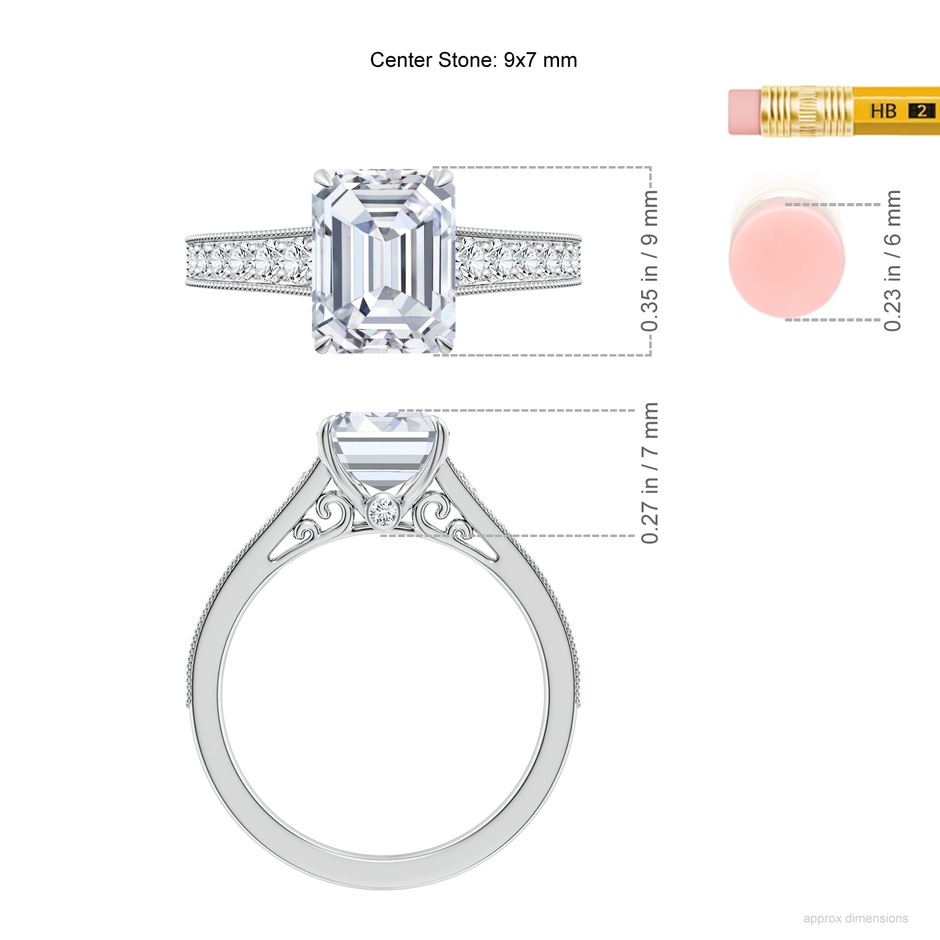 9x7mm FGVS Vintage Inspired Emerald-Cut Lab-Grown Diamond Engagement Ring with Milgrain in 18K White Gold ruler