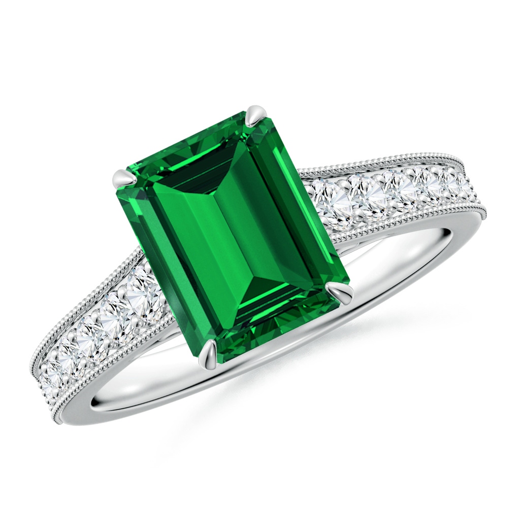 9x7mm Labgrown Vintage Inspired Emerald-Cut Lab-Grown Emerald Engagement Ring with Milgrain in White Gold 